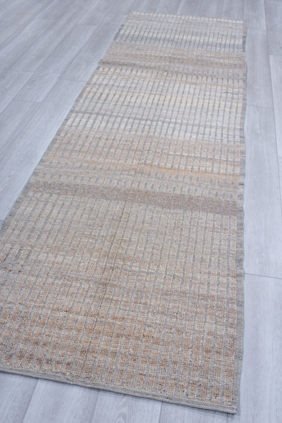 3' x 10' one-of-a-kind handmade vintage Tulu runner rug. Color palette: ivory, pale gray, taupe, stone, beige, light gray