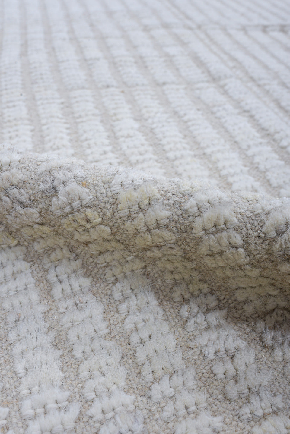 3' x 12' one-of-a-kind handmade vintage Tulu runner rug. Color palette: ivory, cream, light gray