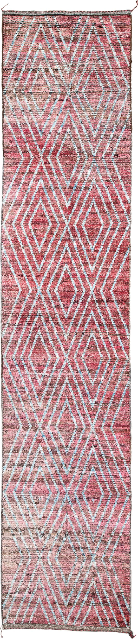 2' x 13' one-of-a-kind handmade vintage Tulu runner rug. Color palette: rose, ivory, dusty pink, taupe, brown, pink, red