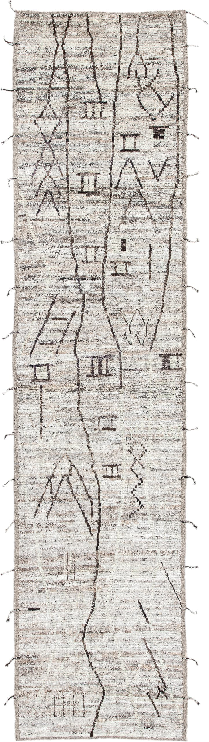 3' x 12' one-of-a-kind handmade vintage Tulu runner rug. Color palette: ivory, taupe, brown, charcoal, cream, greige, beige