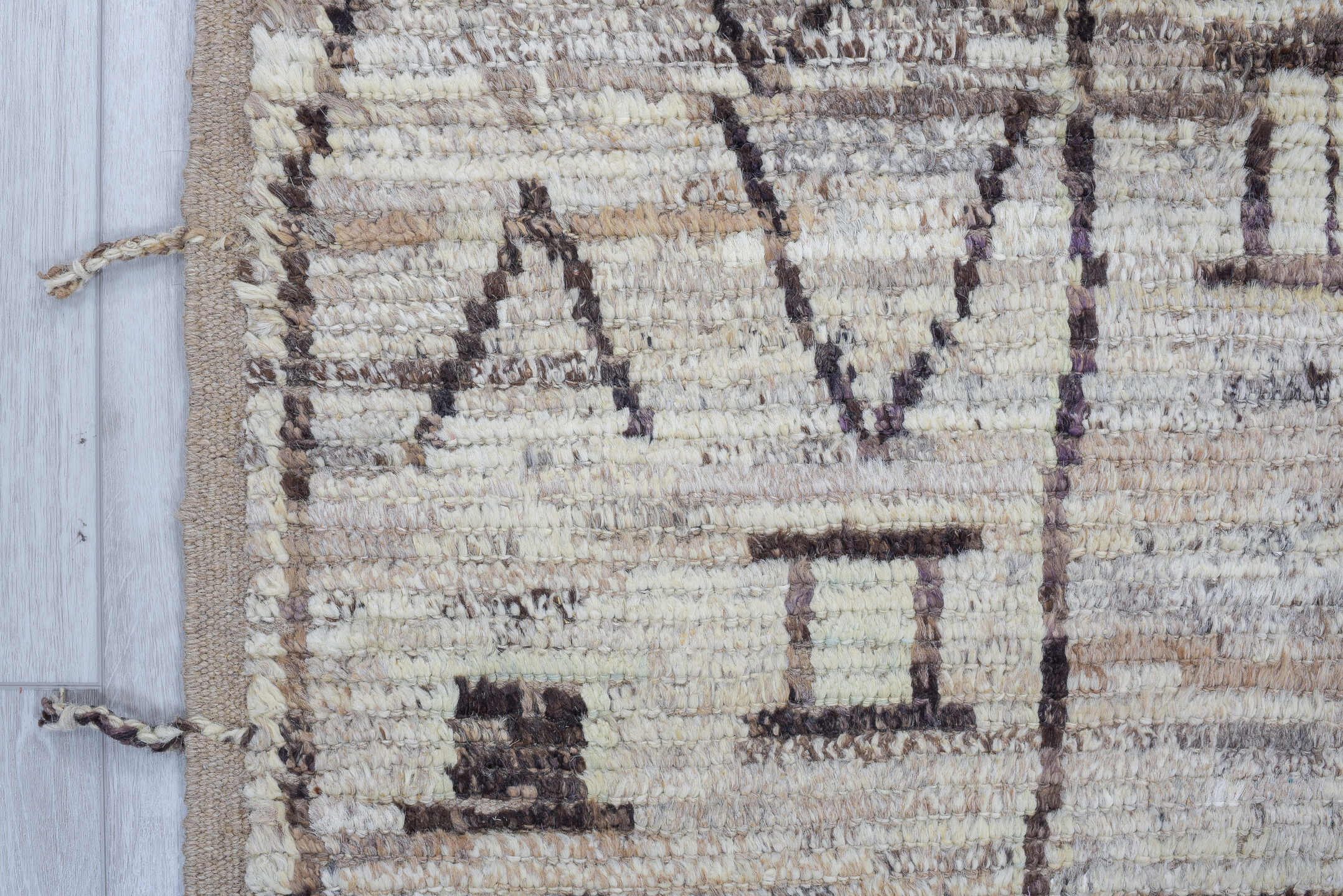 3' x 12' one-of-a-kind handmade vintage Tulu runner rug. Color palette: ivory, taupe, brown, charcoal, cream, greige, beige