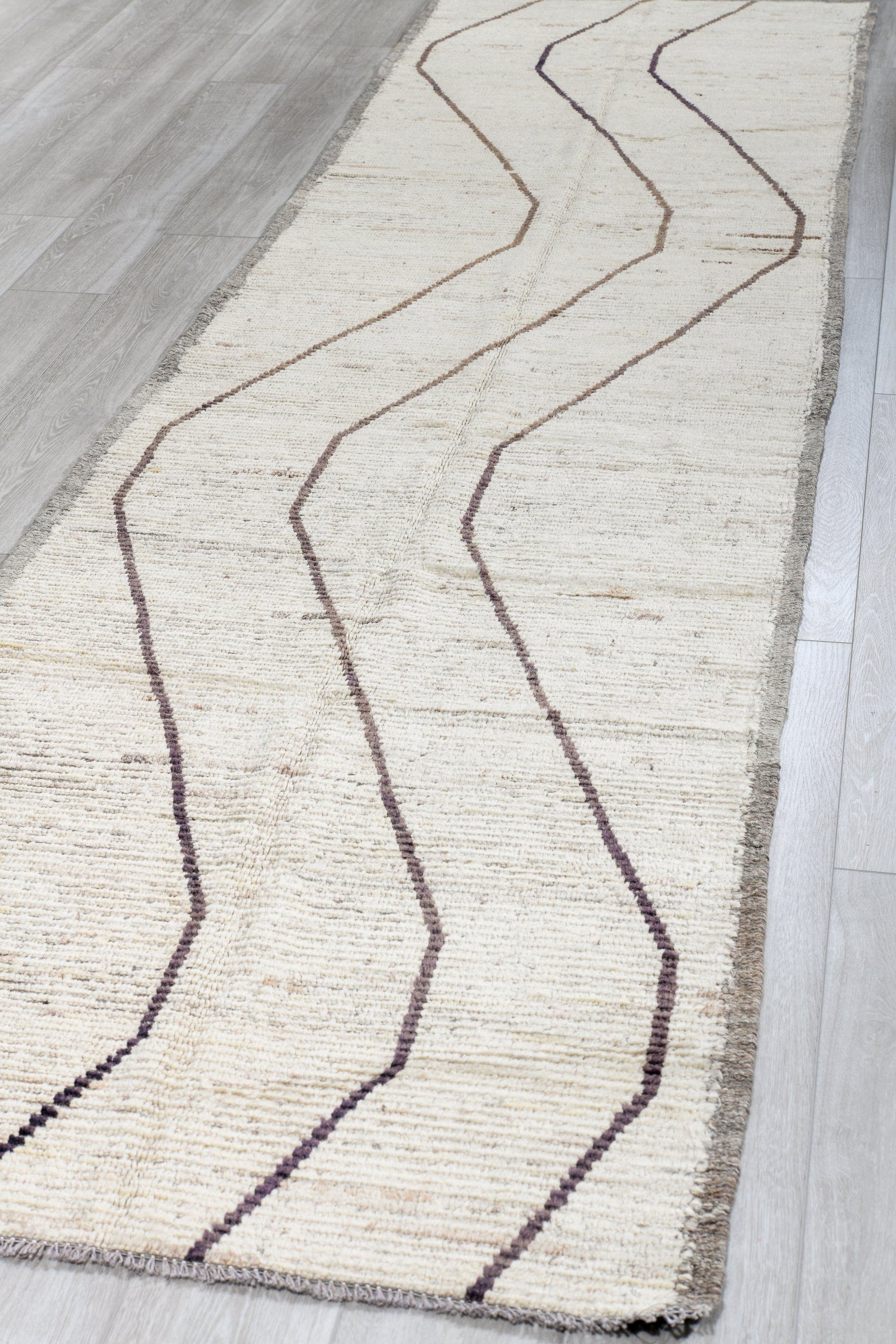 3' x 13' one-of-a-kind handmade vintage Tulu runner rug. Color palette: ivory, brown, taupe, beige, gray