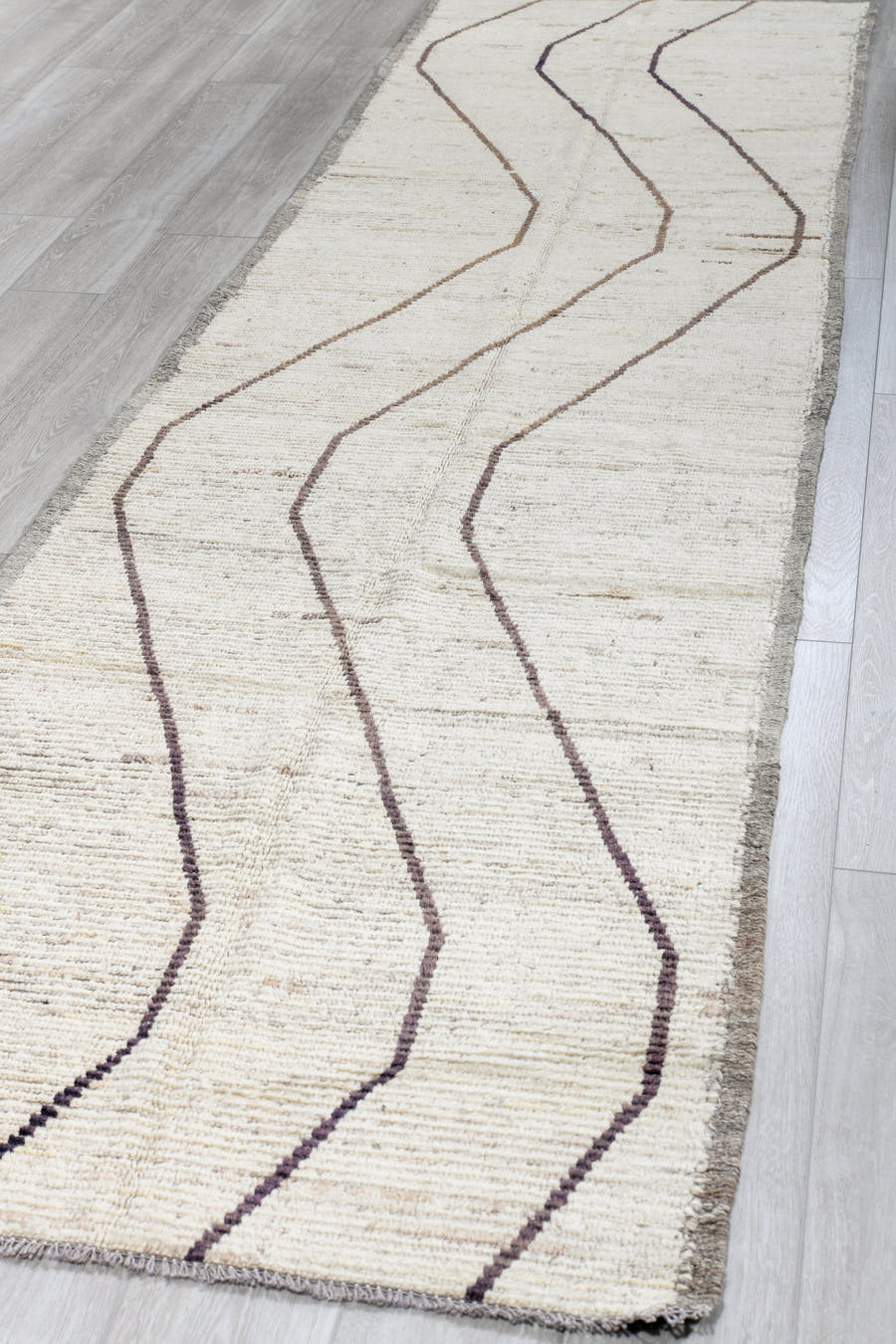 3' x 13' one-of-a-kind handmade vintage Tulu runner rug. Color palette: ivory, brown, taupe, beige, gray