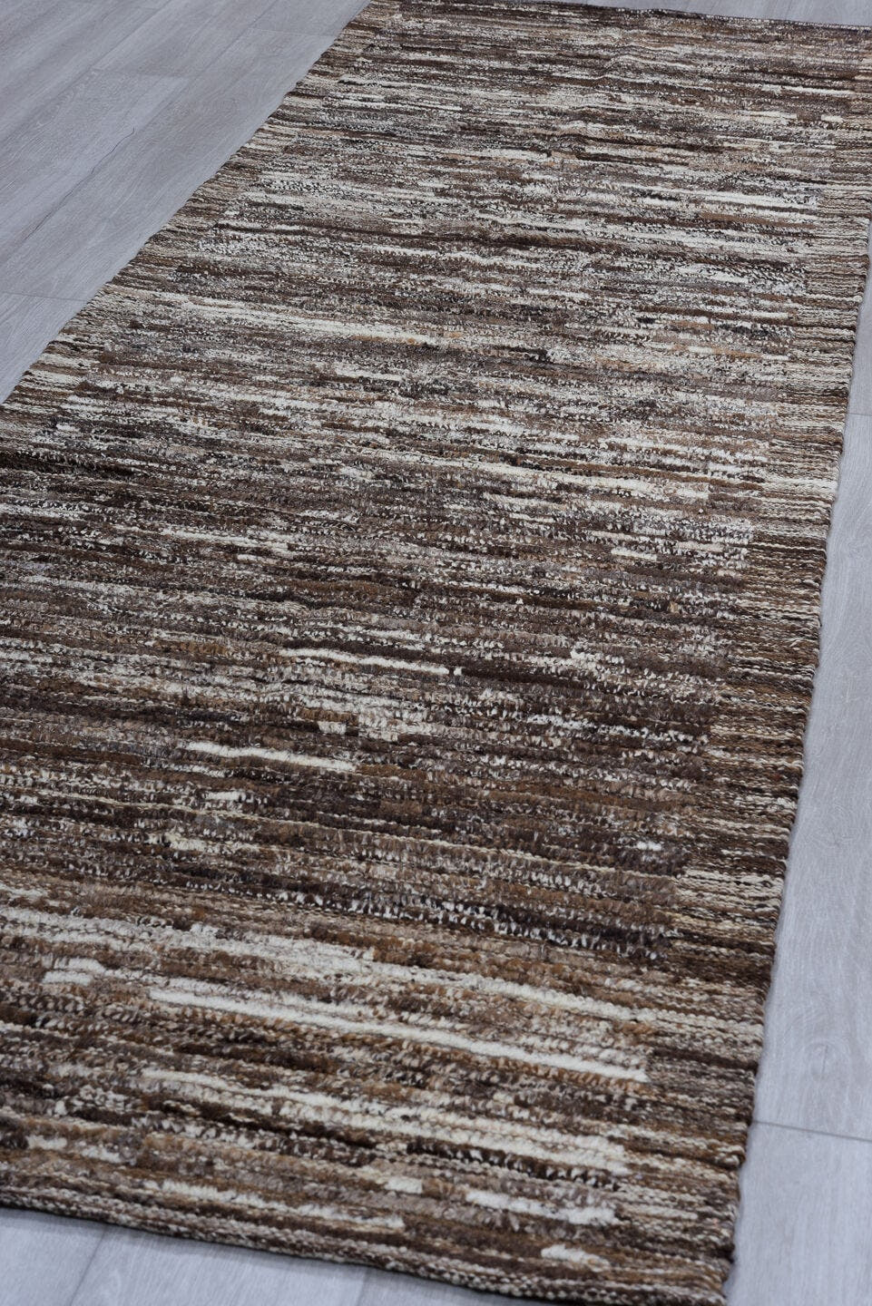 3' x 10' one-of-a-kind handmade vintage Tulu runner rug. Color palette: brown, ivory, taupe, charcoal, camel, beige, gray