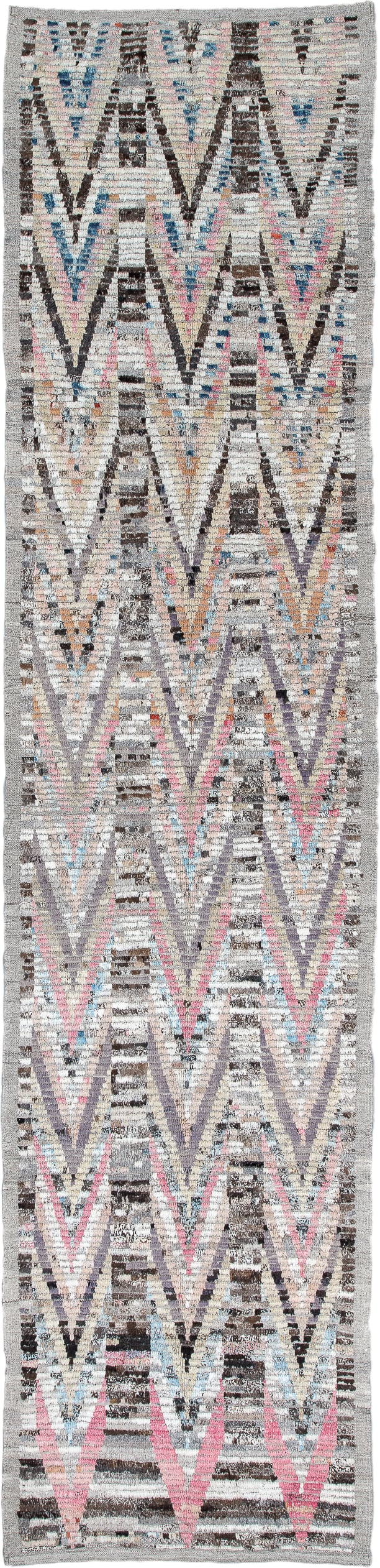 3' x 13' one-of-a-kind handmade vintage Tulu runner rug. Color palette: gray, ivory, charcoal, pink, pale_blue, lavender