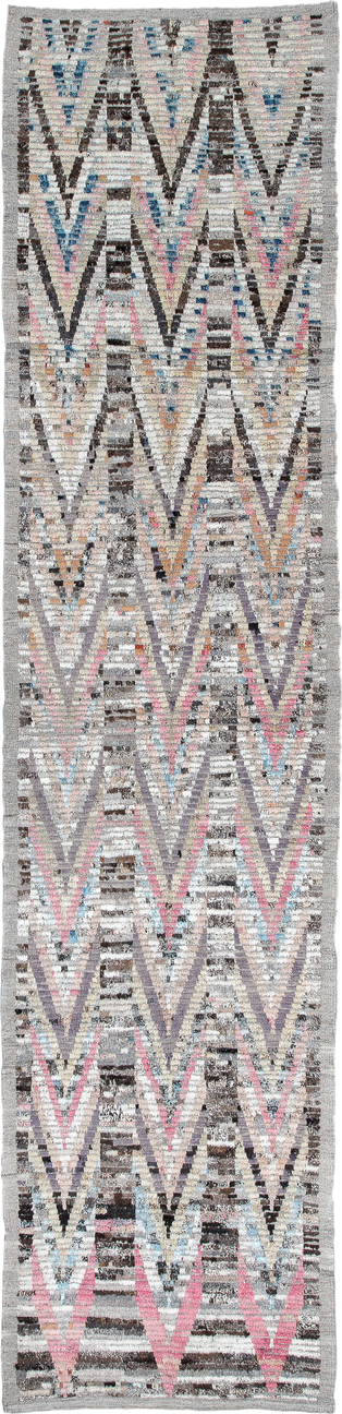 3' x 13' one-of-a-kind handmade vintage Tulu runner rug. Color palette: gray, ivory, charcoal, pink, pale_blue, lavender