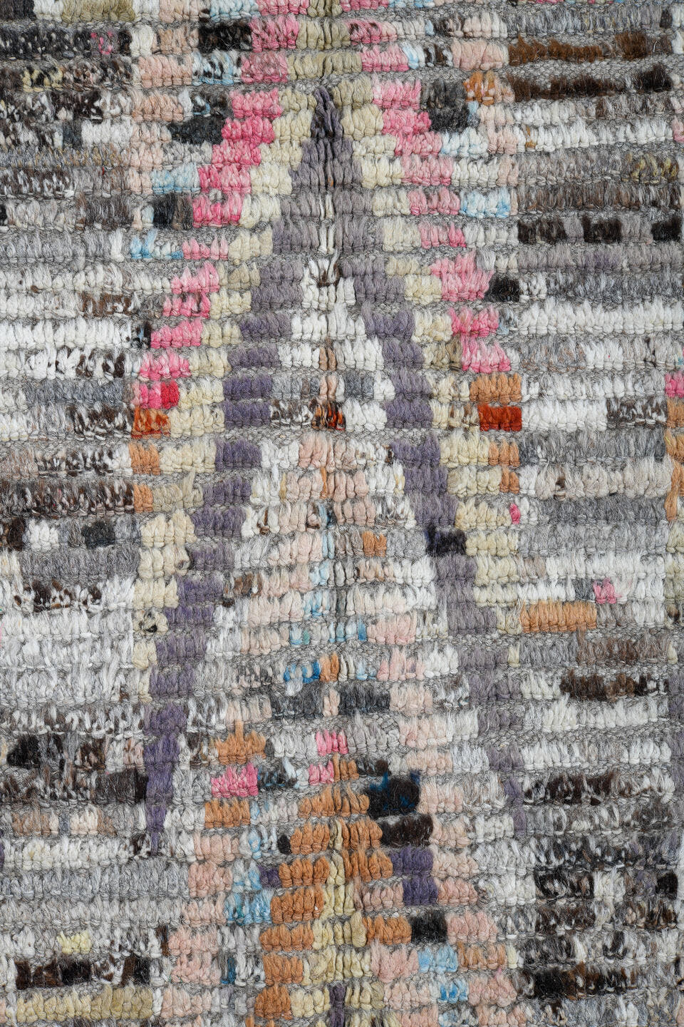 3' x 13' one-of-a-kind handmade vintage Tulu runner rug. Color palette: gray, ivory, charcoal, pink, pale_blue, lavender