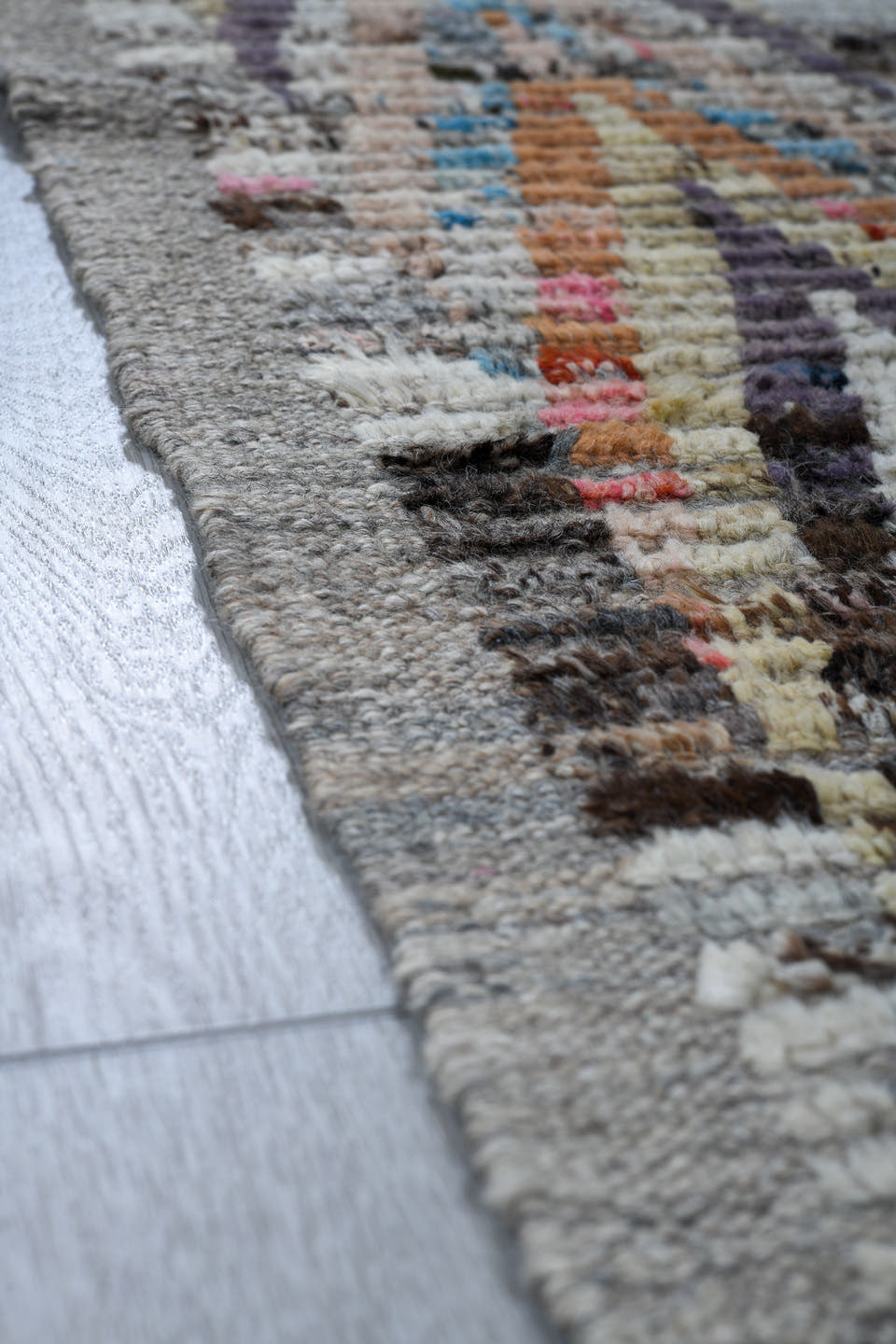 3' x 13' one-of-a-kind handmade vintage Tulu runner rug. Color palette: gray, ivory, charcoal, pink, pale_blue, lavender