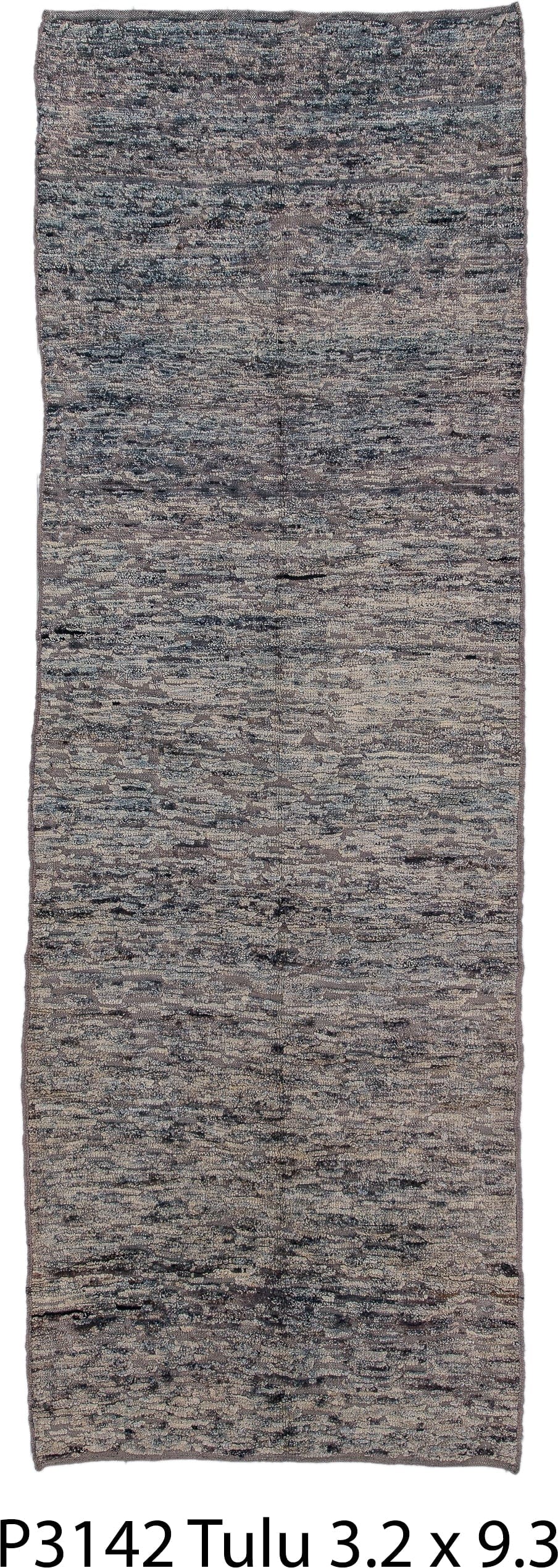 3' x 9' one-of-a-kind handmade vintage Tulu runner rug. Color palette: gray, taupe, charcoal, ivory, beige, black