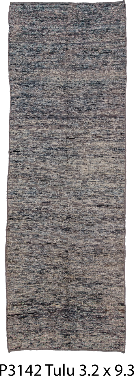 3' x 9' one-of-a-kind handmade vintage Tulu runner rug. Color palette: black, charcoal, dark gray, gray, light gray