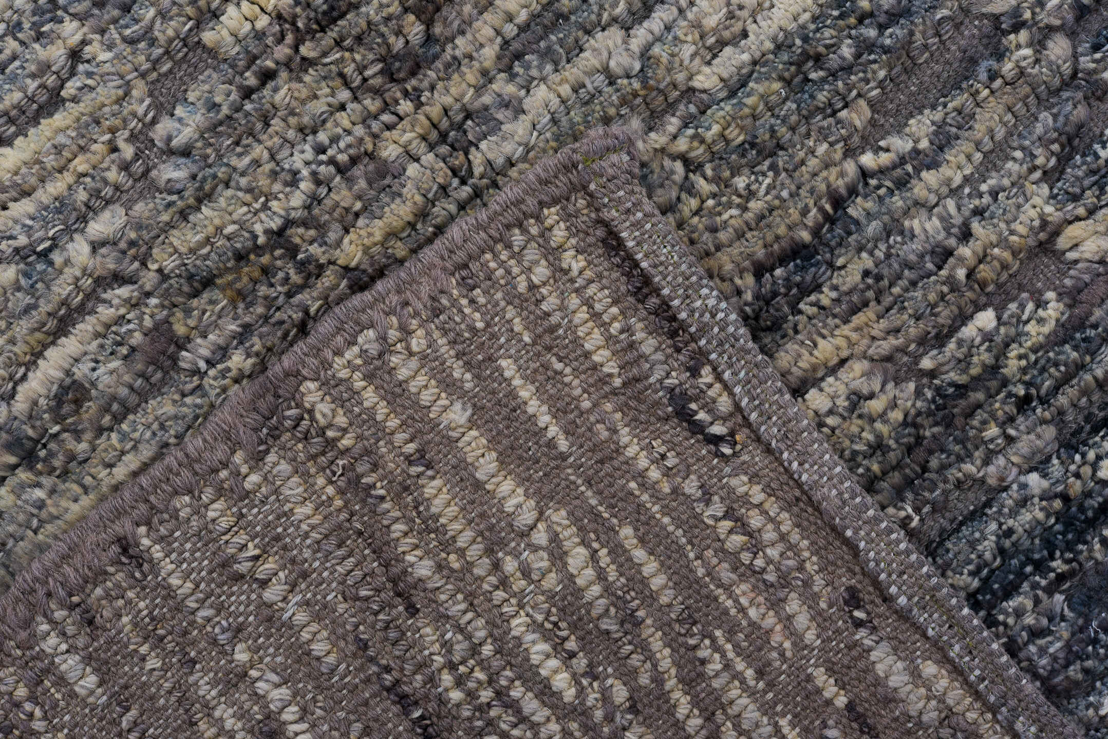 3' x 9' one-of-a-kind handmade vintage Tulu runner rug. Color palette: gray, taupe, charcoal, ivory, beige, black