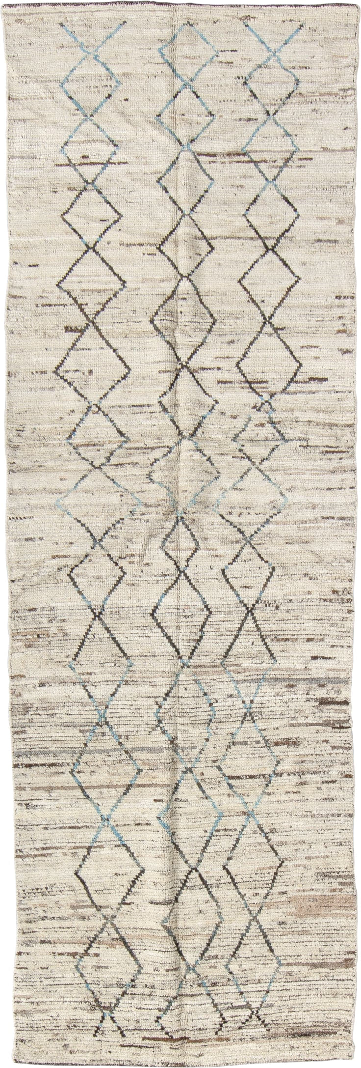 2' x 9' one-of-a-kind handmade vintage Tulu runner rug. Color palette: ivory, charcoal, sky_blue, taupe, gray, black