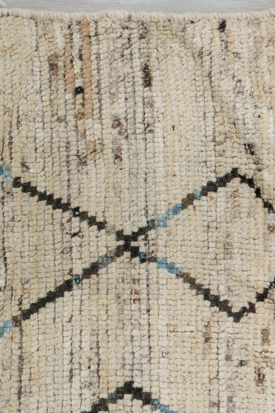 2' x 9' one-of-a-kind handmade vintage Tulu runner rug. Color palette: ivory, charcoal, sky_blue, taupe, gray, black