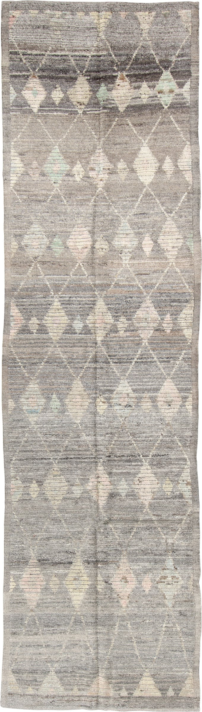 3' x 12' one-of-a-kind handmade vintage Tulu runner rug. Color palette: gray, ivory, taupe, blush, pale aqua, charcoal