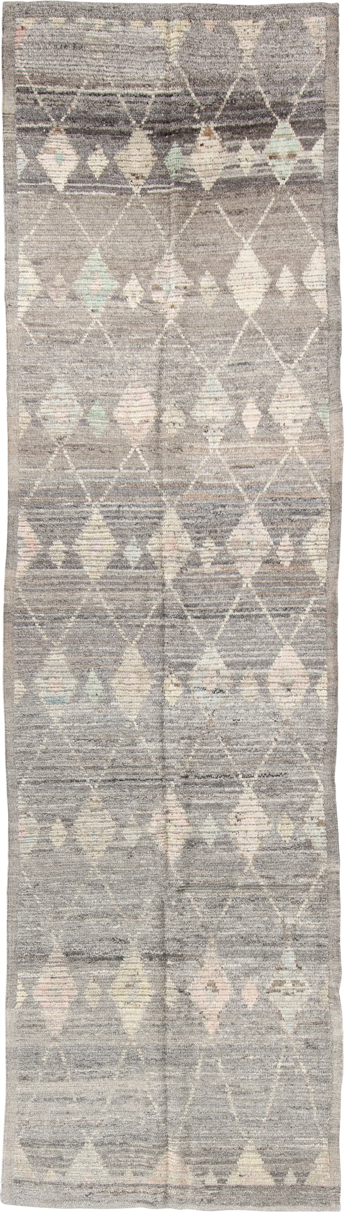 3' x 12' one-of-a-kind handmade vintage Tulu runner rug. Color palette: gray, ivory, taupe, blush, pale aqua, charcoal