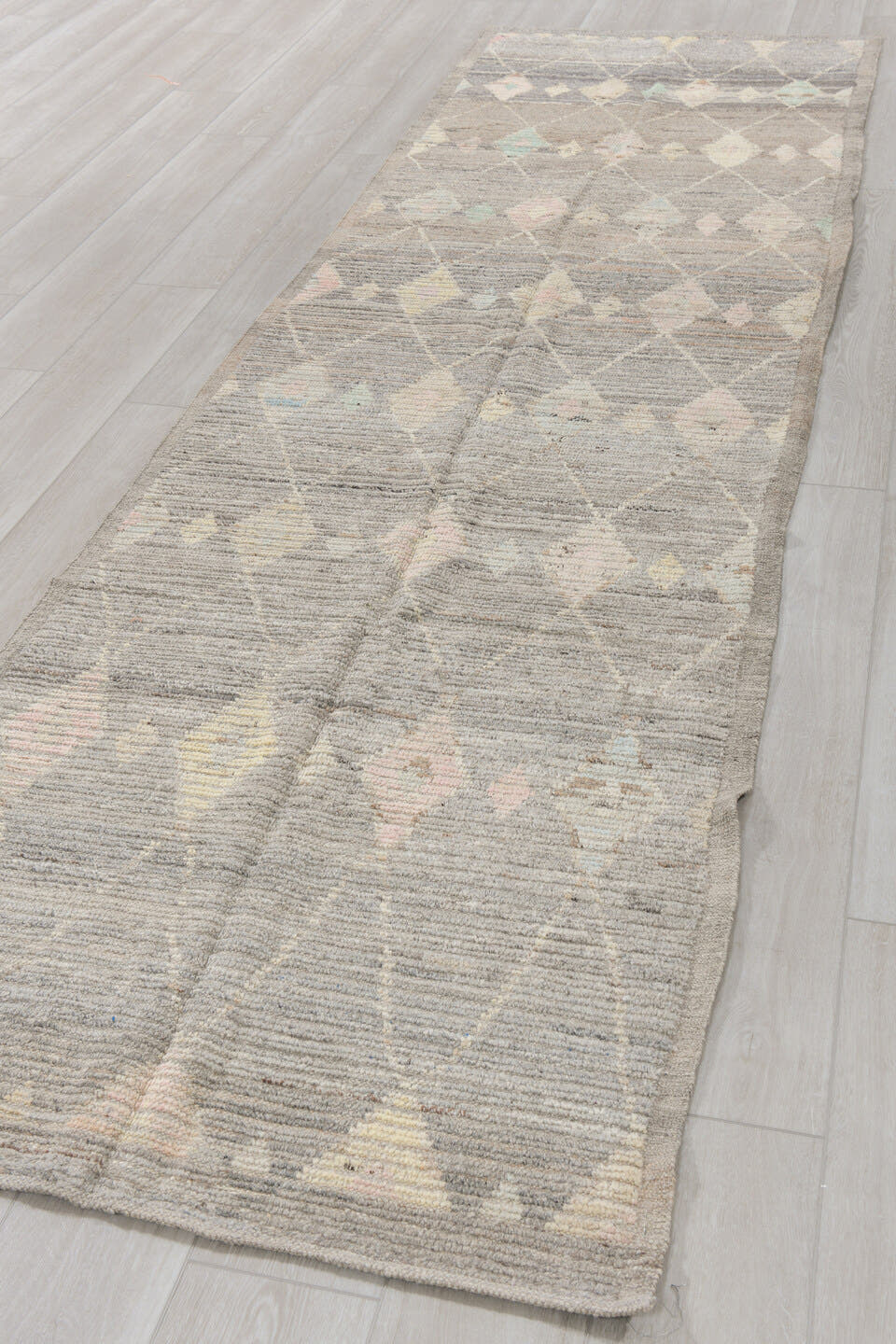 3' x 12' one-of-a-kind handmade vintage Tulu runner rug. Color palette: gray, ivory, taupe, blush, pale aqua, charcoal