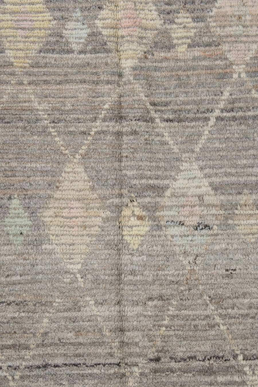 3' x 12' one-of-a-kind handmade vintage Tulu runner rug. Color palette: gray, ivory, taupe, blush, pale aqua, charcoal