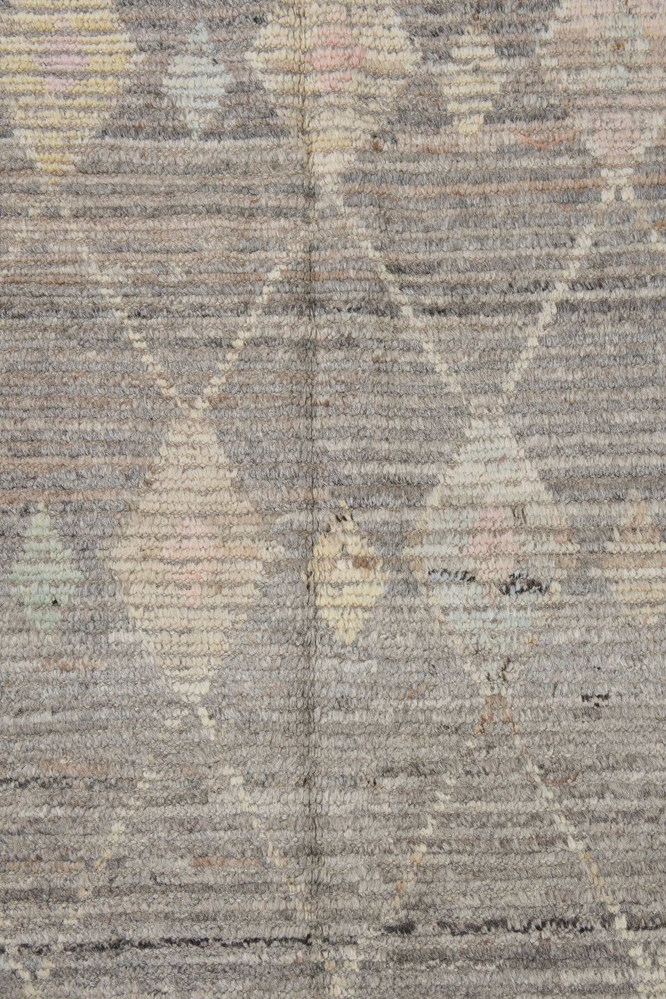 3' x 12' one-of-a-kind handmade vintage Tulu runner rug. Color palette: gray, ivory, taupe, blush, pale aqua, charcoal