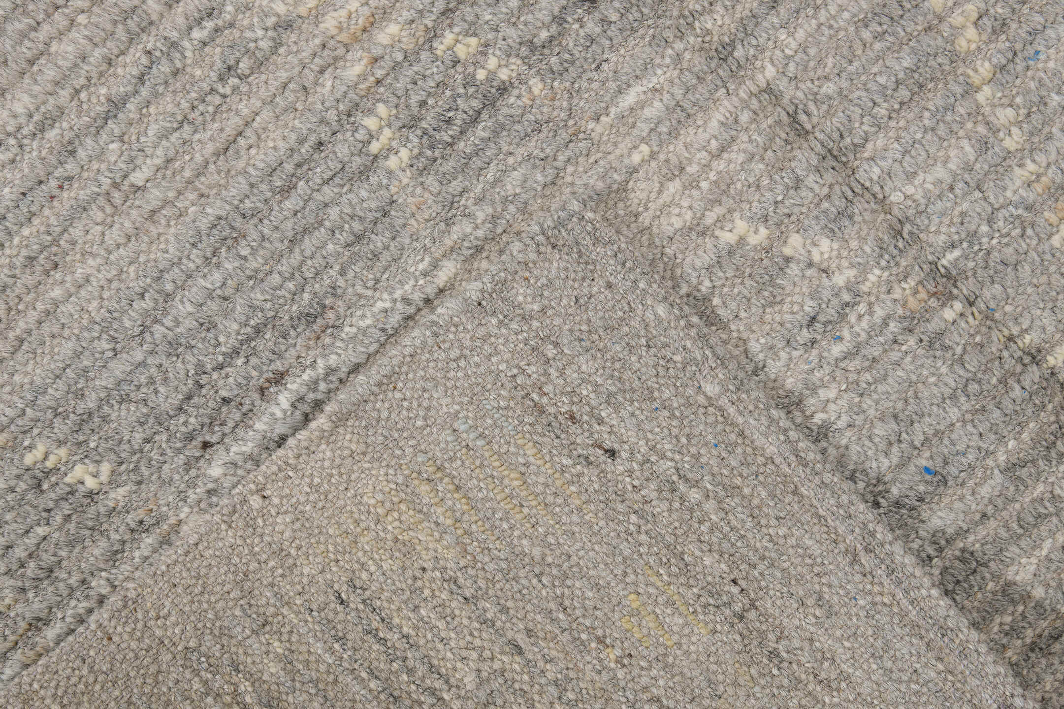 3' x 12' one-of-a-kind handmade vintage Tulu runner rug. Color palette: gray, ivory, taupe, blush, pale aqua, charcoal