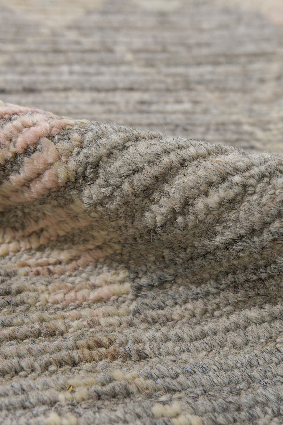 3' x 12' one-of-a-kind handmade vintage Tulu runner rug. Color palette: gray, ivory, taupe, blush, pale aqua, charcoal