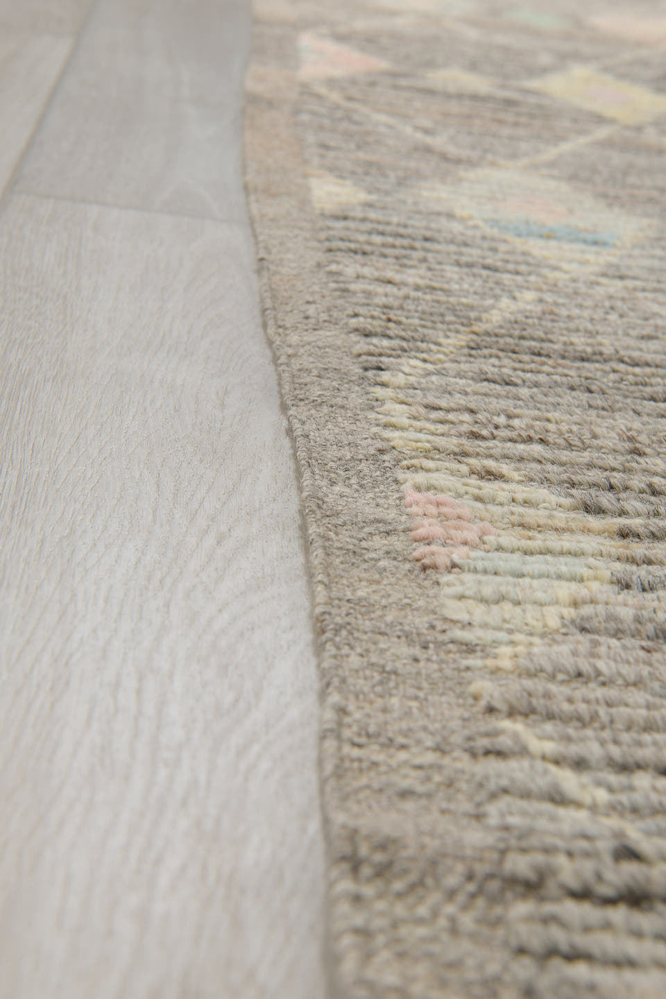 3' x 12' one-of-a-kind handmade vintage Tulu runner rug. Color palette: gray, ivory, taupe, blush, pale aqua, charcoal