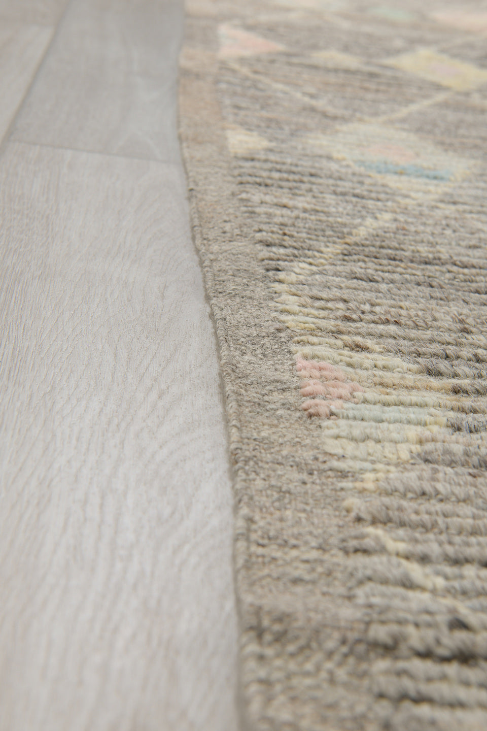 3' x 12' one-of-a-kind handmade vintage Tulu runner rug. Color palette: gray, ivory, taupe, blush, pale aqua, charcoal