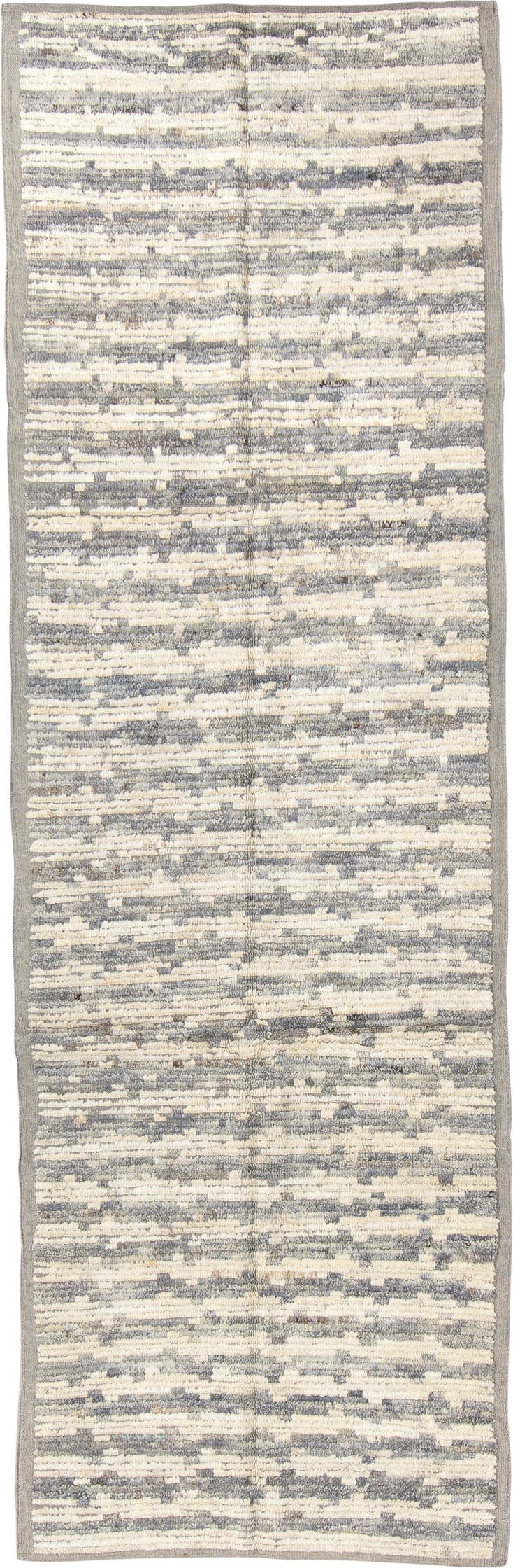 3' x 9' one-of-a-kind handmade vintage Tulu runner rug. Color palette: ivory, gray, taupe, beige