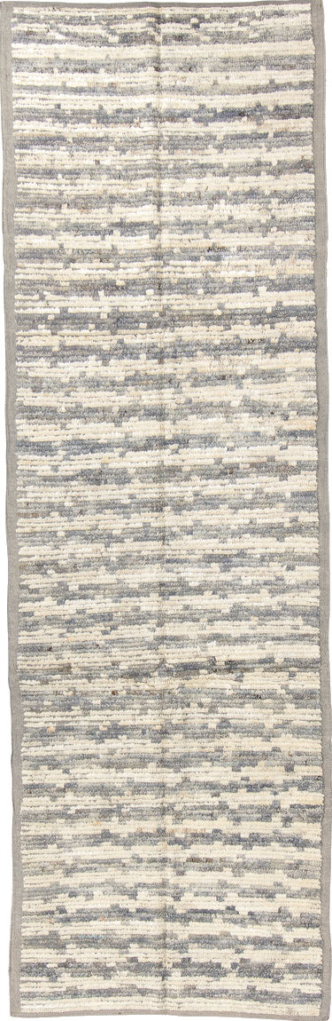 3' x 9' one-of-a-kind handmade vintage Tulu runner rug. Color palette: dark gray, dim gray, gray, light gray, off-white