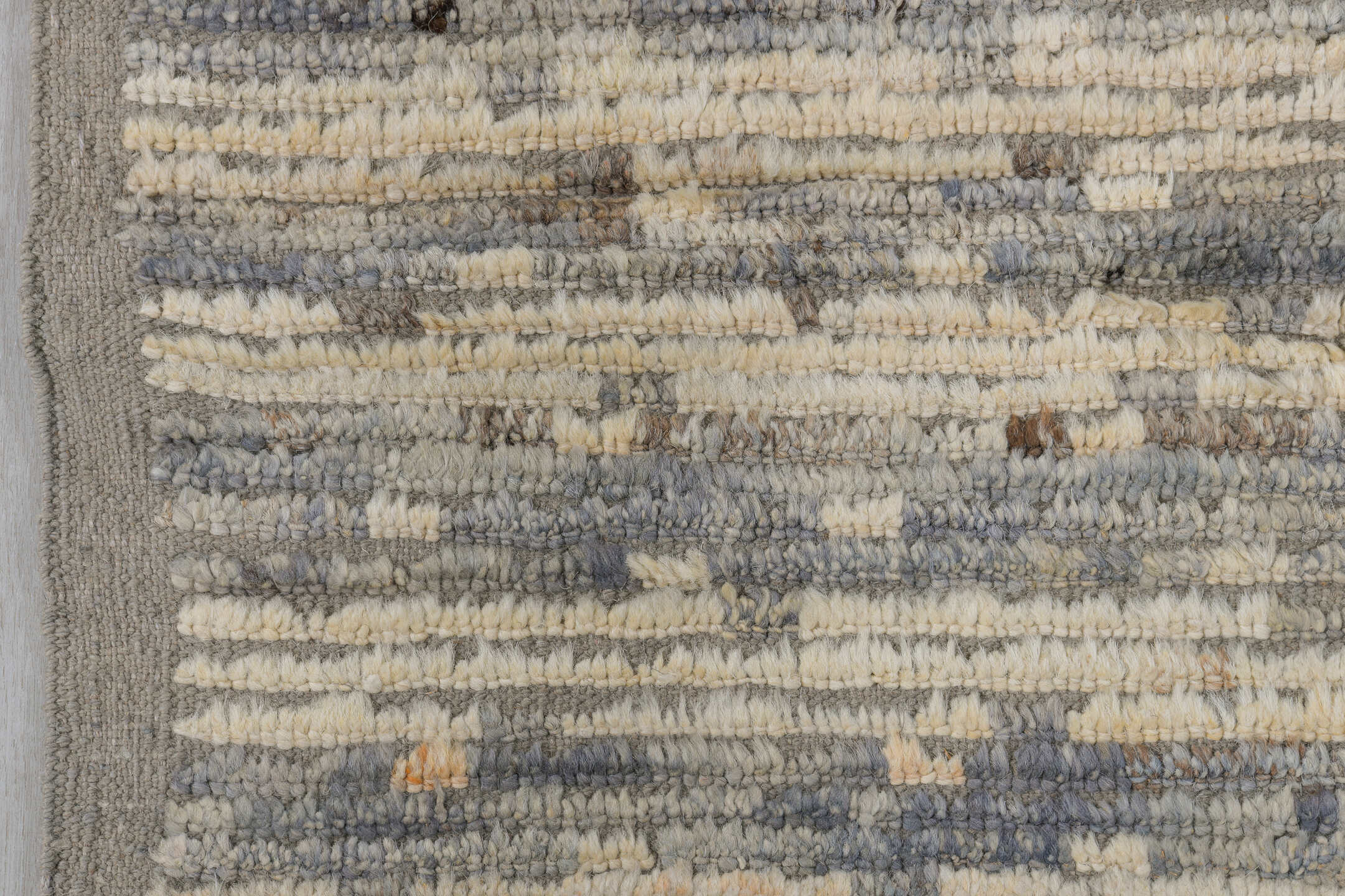 3' x 9' one-of-a-kind handmade vintage Tulu runner rug. Color palette: ivory, gray, taupe, beige