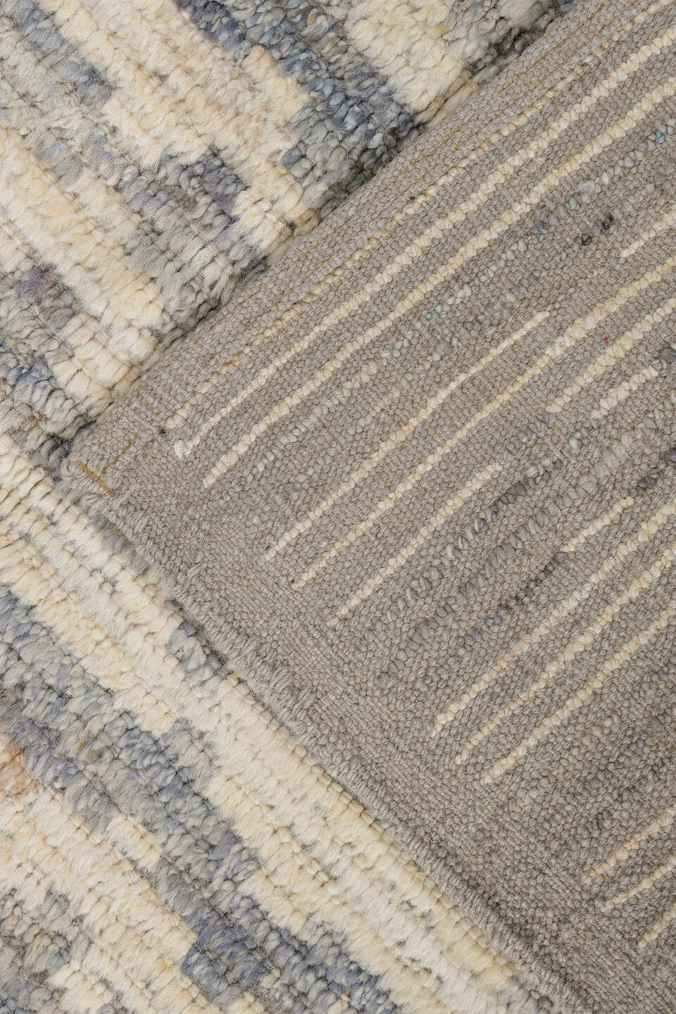 3' x 9' one-of-a-kind handmade vintage Tulu runner rug. Color palette: ivory, gray, taupe, beige