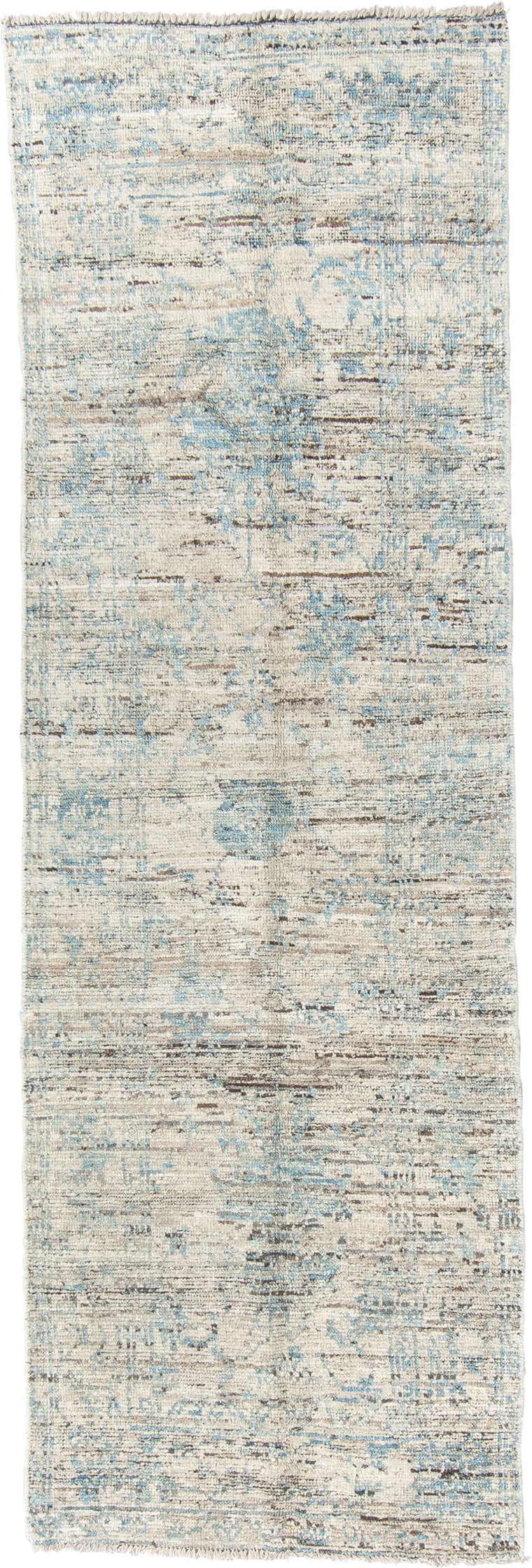 2' x 8' one-of-a-kind handmade vintage Tulu runner rug. Color palette: ivory, pale blue, sky blue, taupe, gray, light blue