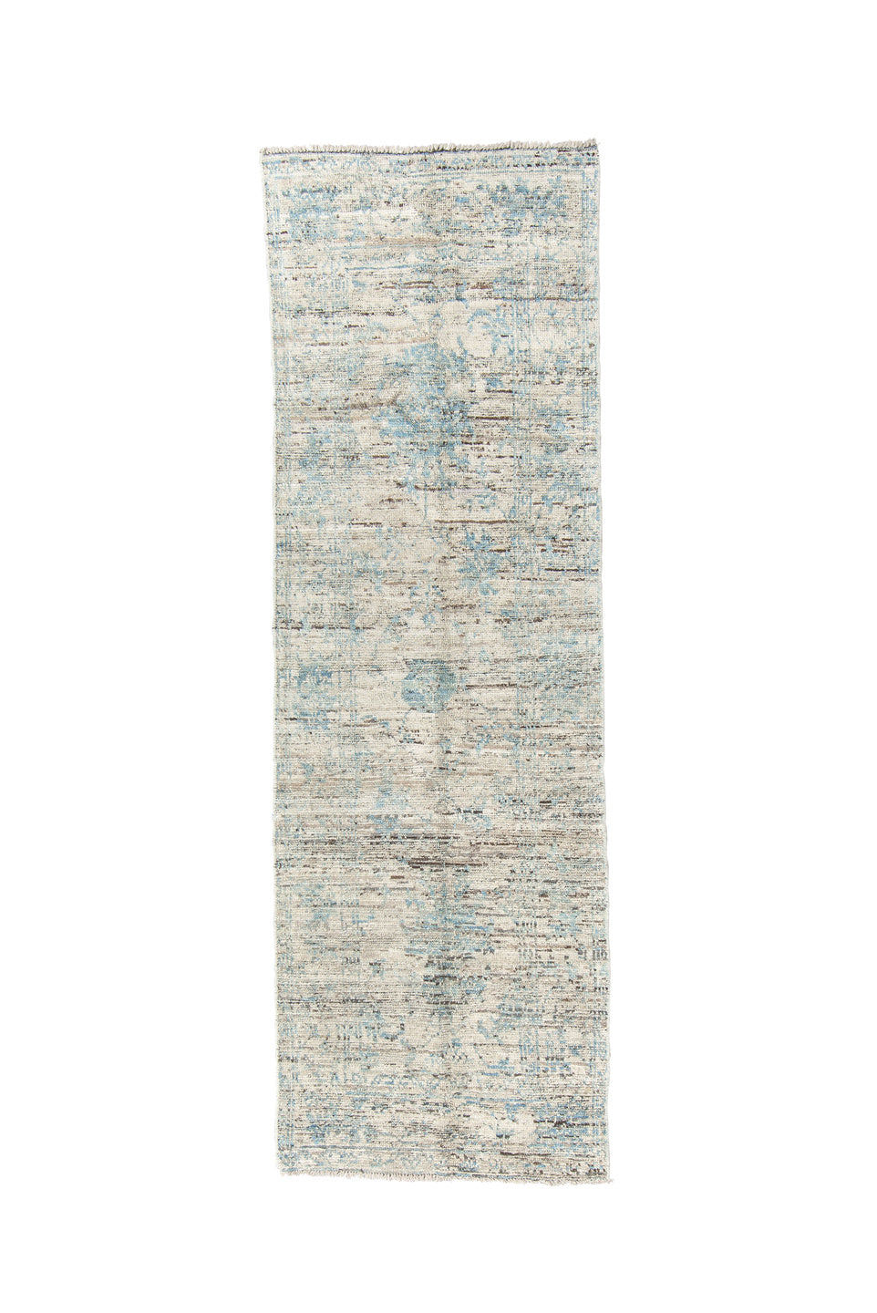 2' x 8' one-of-a-kind handmade vintage Tulu runner rug. Color palette: blue, dark gray, gainsboro, gray, light blue