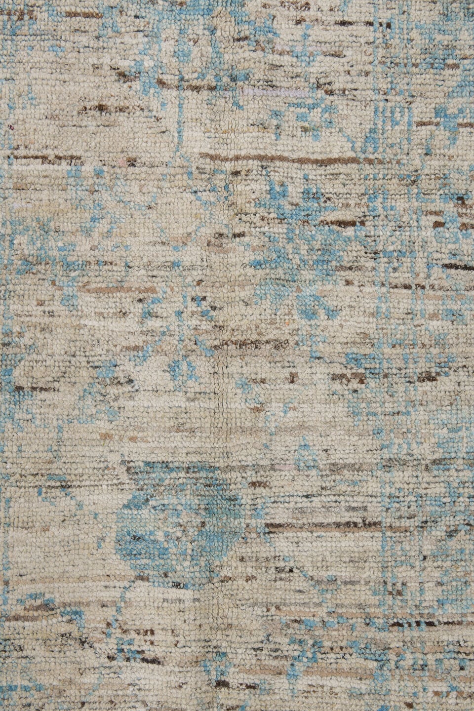 2' x 8' one-of-a-kind handmade vintage Tulu runner rug. Color palette: ivory, pale blue, sky blue, taupe, gray, light blue