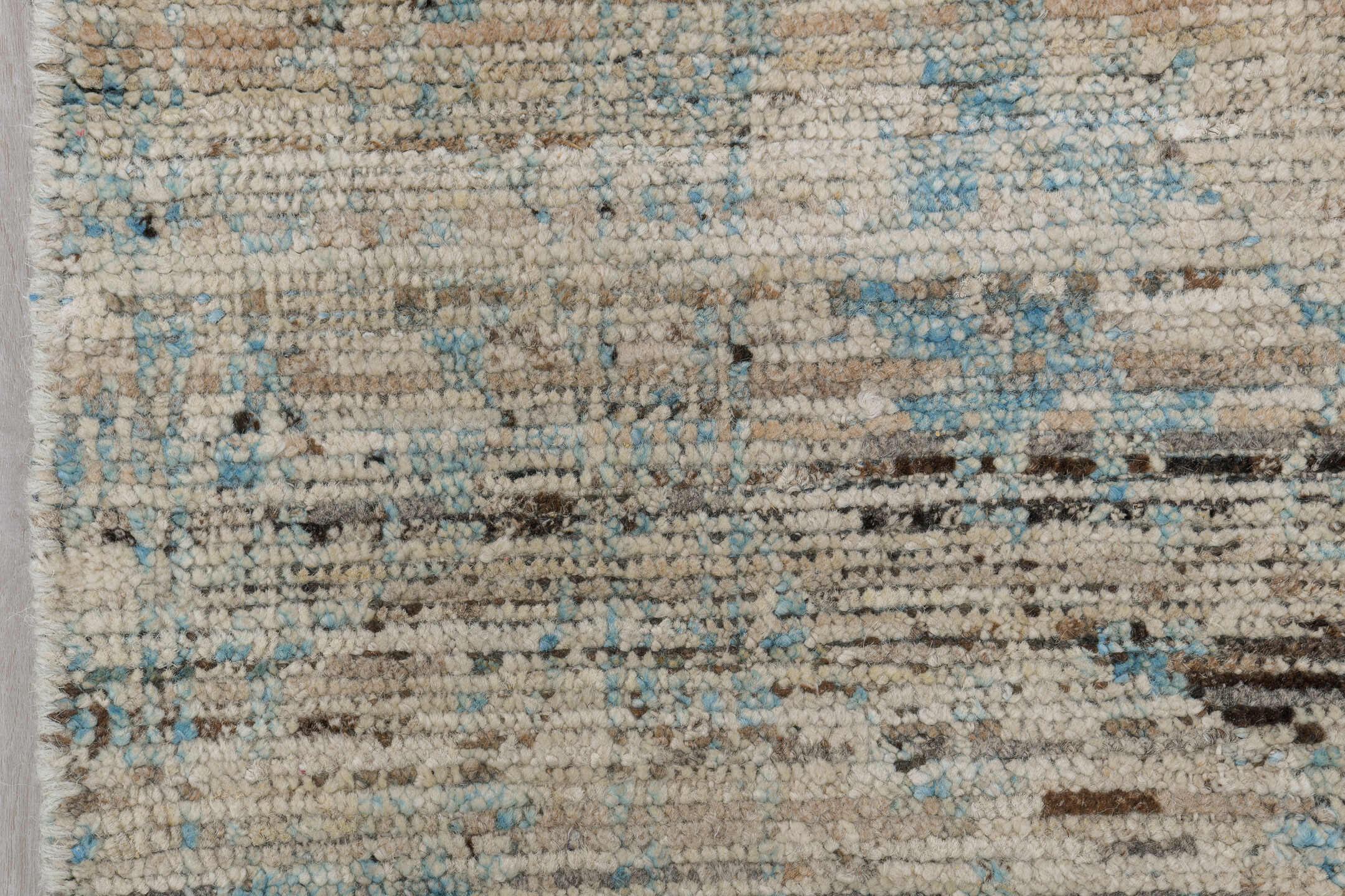 2' x 8' one-of-a-kind handmade vintage Tulu runner rug. Color palette: ivory, pale blue, sky blue, taupe, gray, light blue