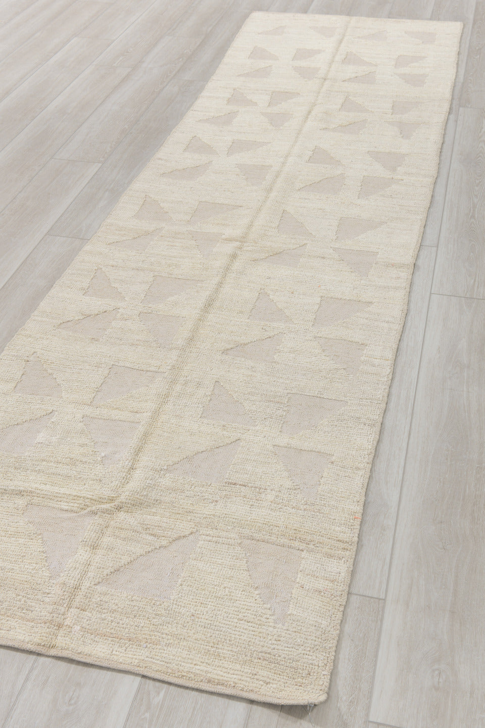 3' x 11' one-of-a-kind handmade vintage Tulu runner rug. Color palette: ivory, cream, beige, taupe, gray