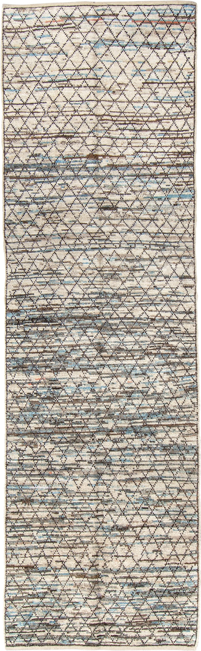 2' x 9' one-of-a-kind handmade vintage Tulu runner rug. Color palette: ivory, charcoal, sky_blue, taupe, gray, black