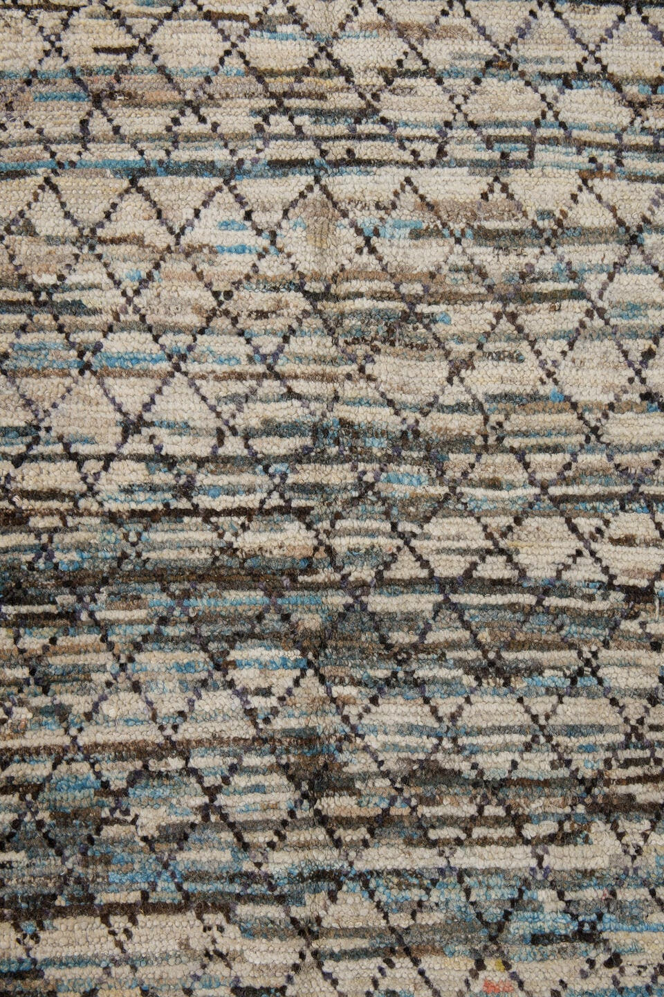 2' x 9' one-of-a-kind handmade vintage Tulu runner rug. Color palette: ivory, charcoal, sky_blue, taupe, gray, black