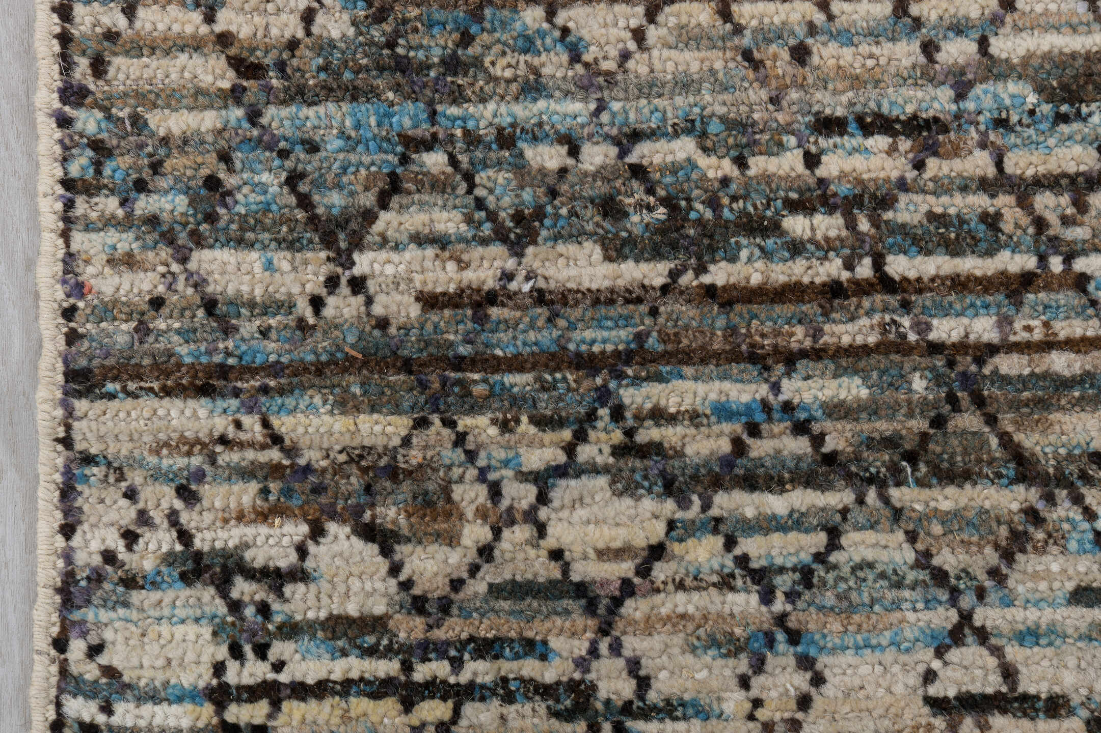 2' x 9' one-of-a-kind handmade vintage Tulu runner rug. Color palette: ivory, charcoal, sky_blue, taupe, gray, black