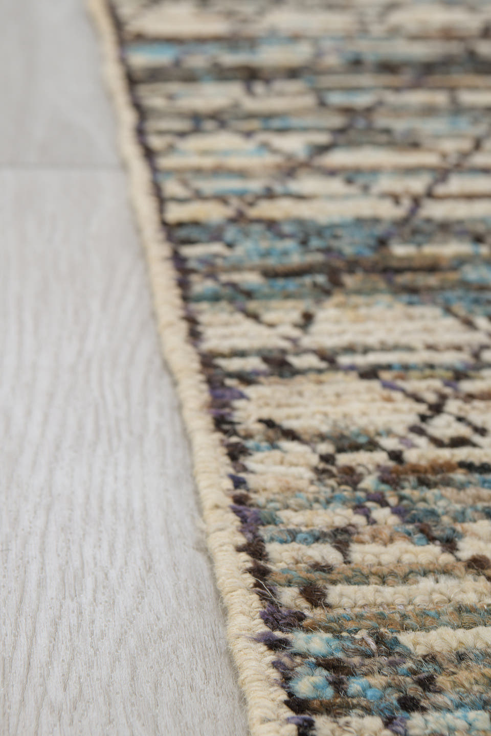 2' x 9' one-of-a-kind handmade vintage Tulu runner rug. Color palette: ivory, charcoal, sky_blue, taupe, gray, black