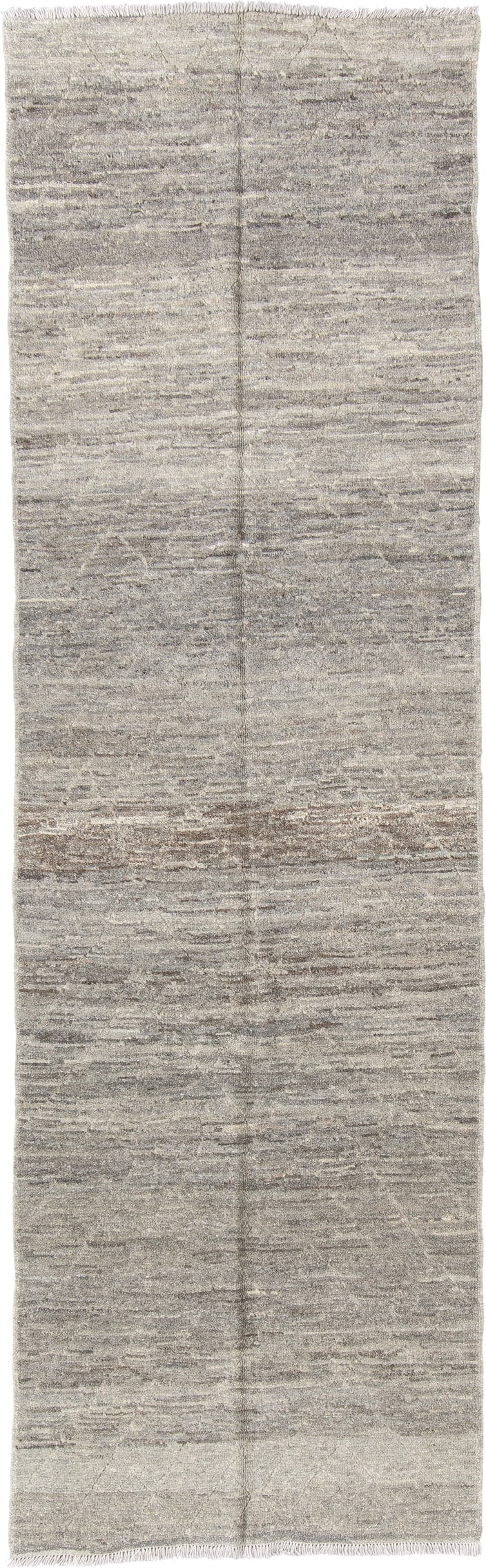 3' x 9' one-of-a-kind handmade vintage Tulu runner rug. Color palette: taupe, ivory, gray, cream, charcoal, beige, black