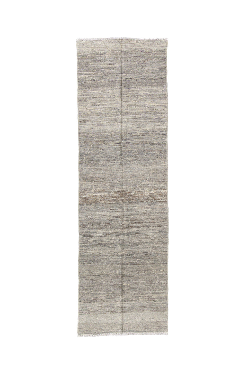 3' x 9' one-of-a-kind handmade vintage Tulu runner rug. Color palette: dim gray, gray, light gray, off-white, pink, silver