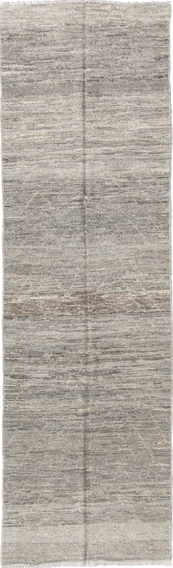 3' x 9' one-of-a-kind handmade vintage Tulu runner rug. Color palette: dim gray, gray, light gray, off-white, pink, silver