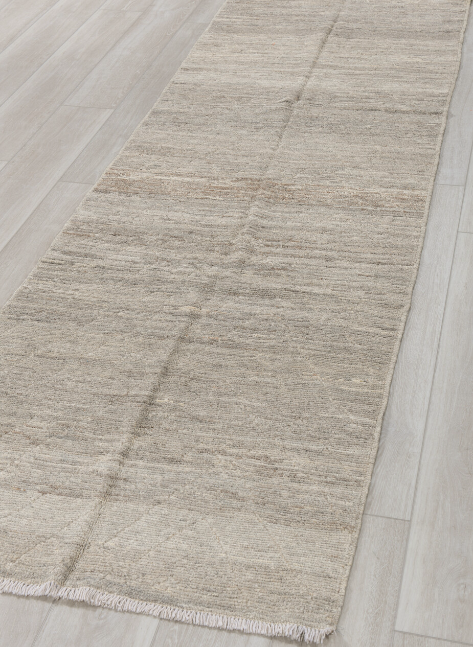 3' x 9' one-of-a-kind handmade vintage Tulu runner rug. Color palette: dim gray, gray, light gray, off-white, pink, silver