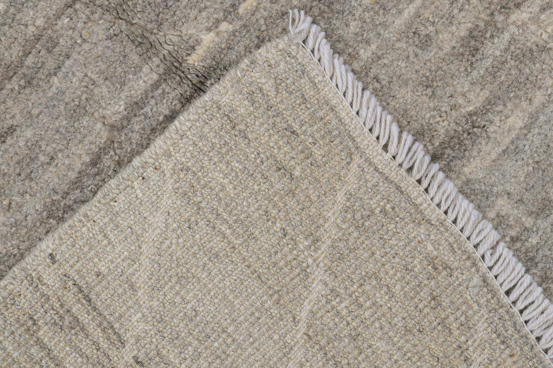 3' x 9' one-of-a-kind handmade vintage Tulu runner rug. Color palette: dim gray, gray, light gray, off-white, pink, silver