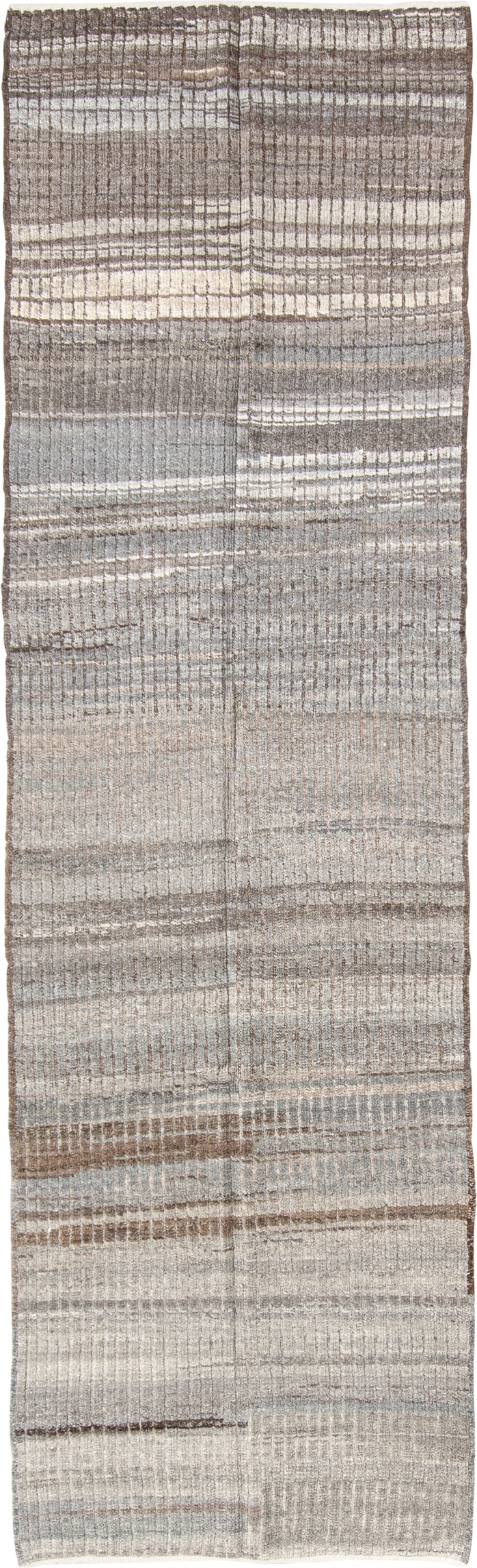 3' x 10' one-of-a-kind handmade vintage Tulu runner rug. Color palette: ivory, taupe, gray, brown, greige, beige