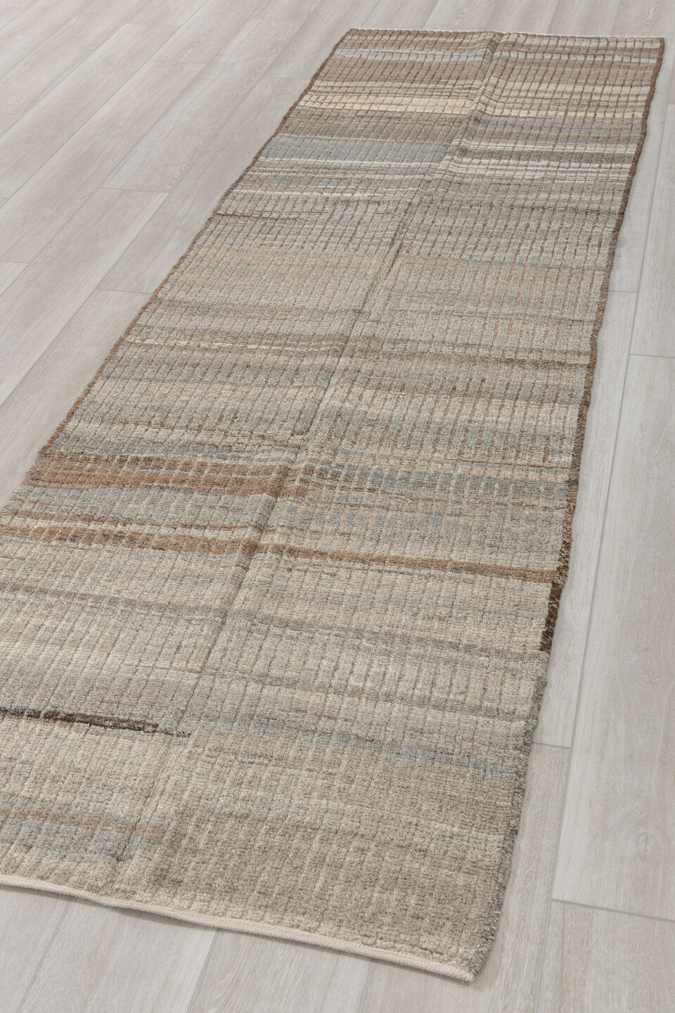 3' x 10' one-of-a-kind handmade vintage Tulu runner rug. Color palette: ivory, taupe, gray, brown, greige, beige