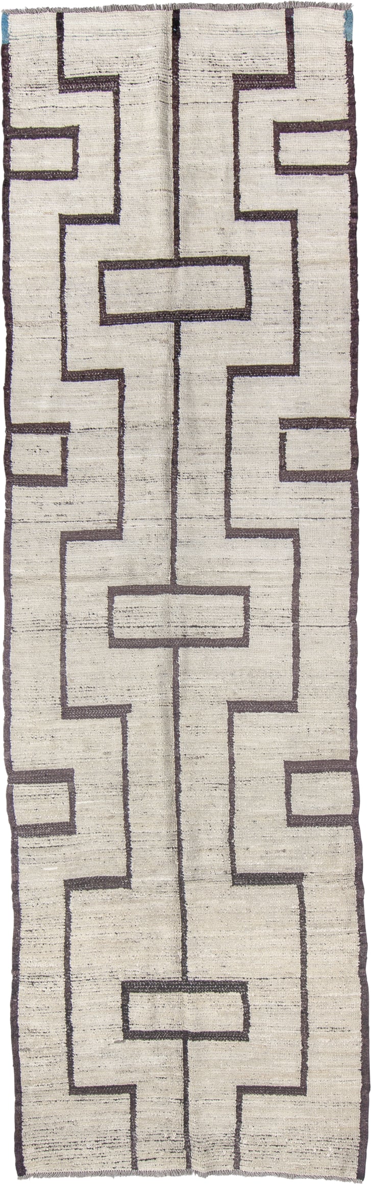 3' x 11' one-of-a-kind handmade vintage Tulu runner rug. Color palette: ivory, brown, charcoal, sky_blue, gray, black