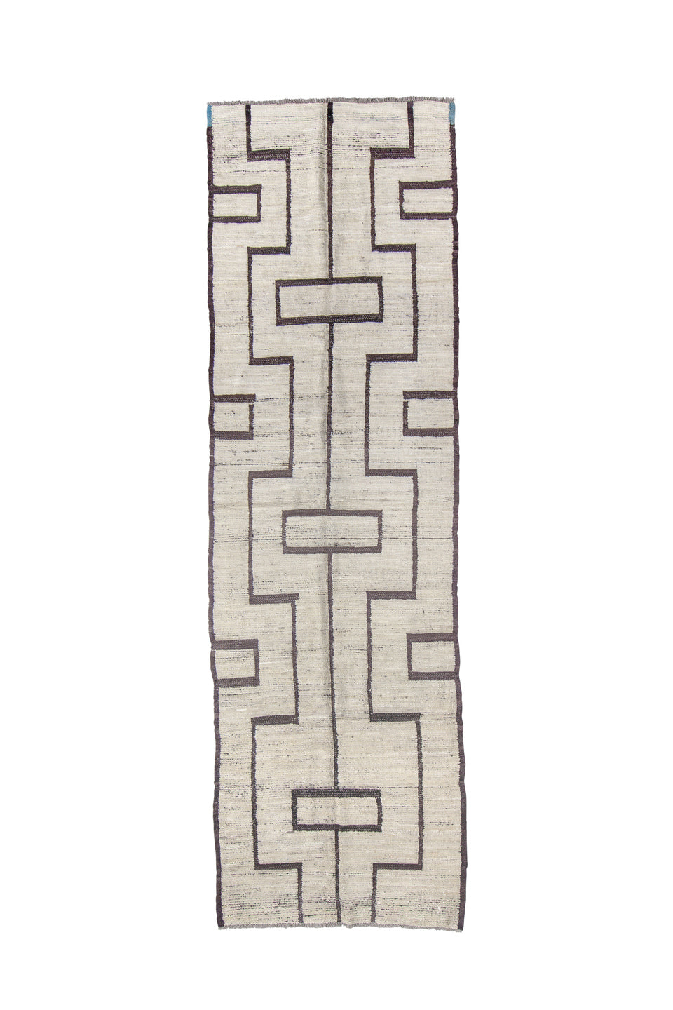 3' x 11' one-of-a-kind handmade vintage Tulu runner rug. Color palette: blue, gray, light gray, linen, off-white, old lace