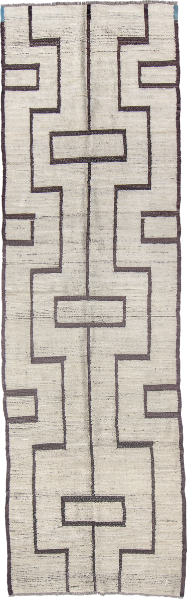 3' x 11' one-of-a-kind handmade vintage Tulu runner rug. Color palette: ivory, brown, charcoal, sky_blue, gray, black