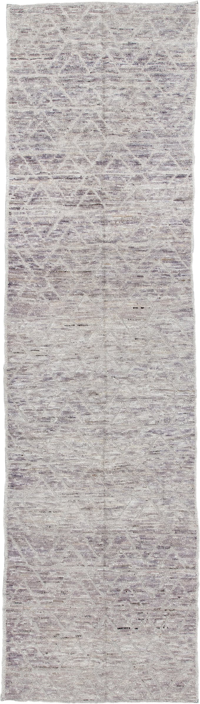 3' x 11' one-of-a-kind handmade vintage Tulu runner rug. Color palette: ivory, taupe, lavender, gray, greige, beige